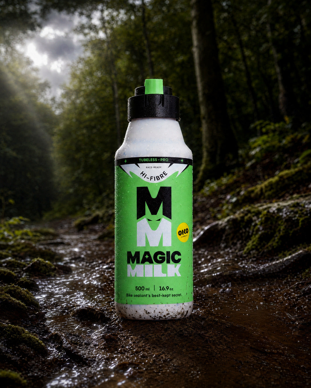 Magic Milk Tubeless-Pro Hi-Fibre 500ml on a wet UK forest trail — the redesigned bottle in its element