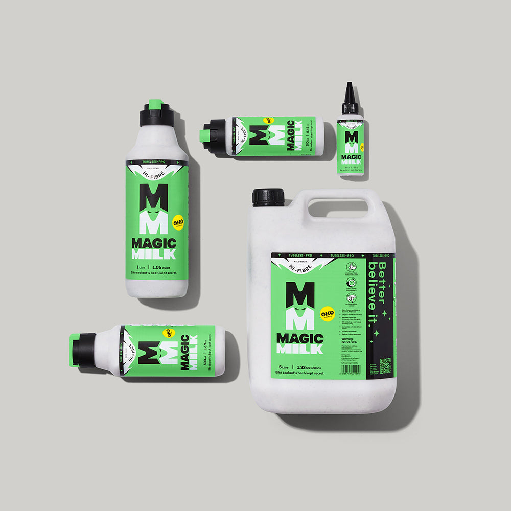 Magic Milk Tubeless-Pro Hi-Fibre — full redesigned size range from 65ml trail-carry to 5L workshop drum
