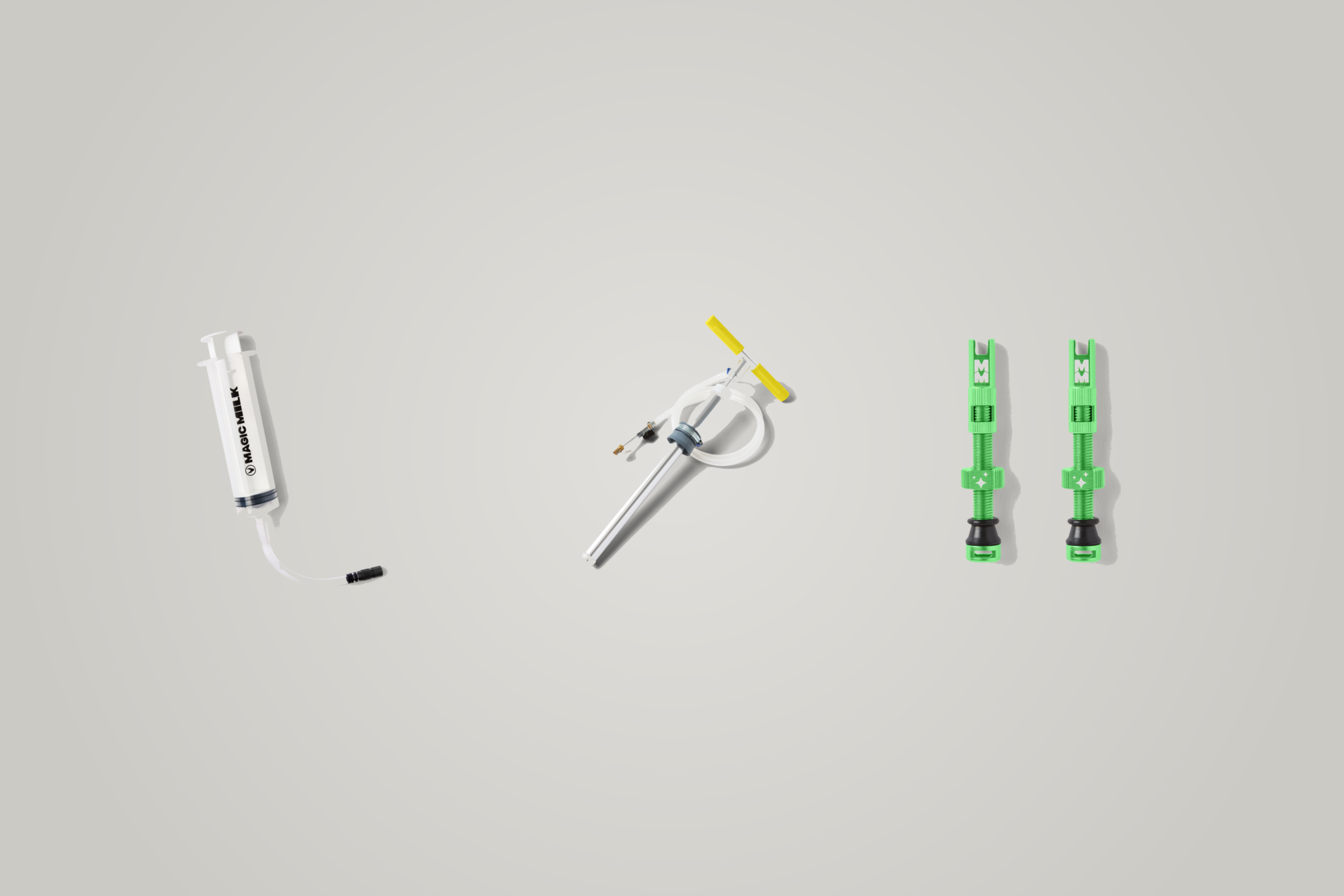 Magic Milk accessories — sealant injector, drum pump and tubeless valves