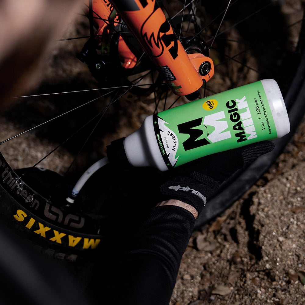 Magic Milk Tubeless-Pro Hi-Fibre sealant in use — MTB, gravel and road tubeless riding